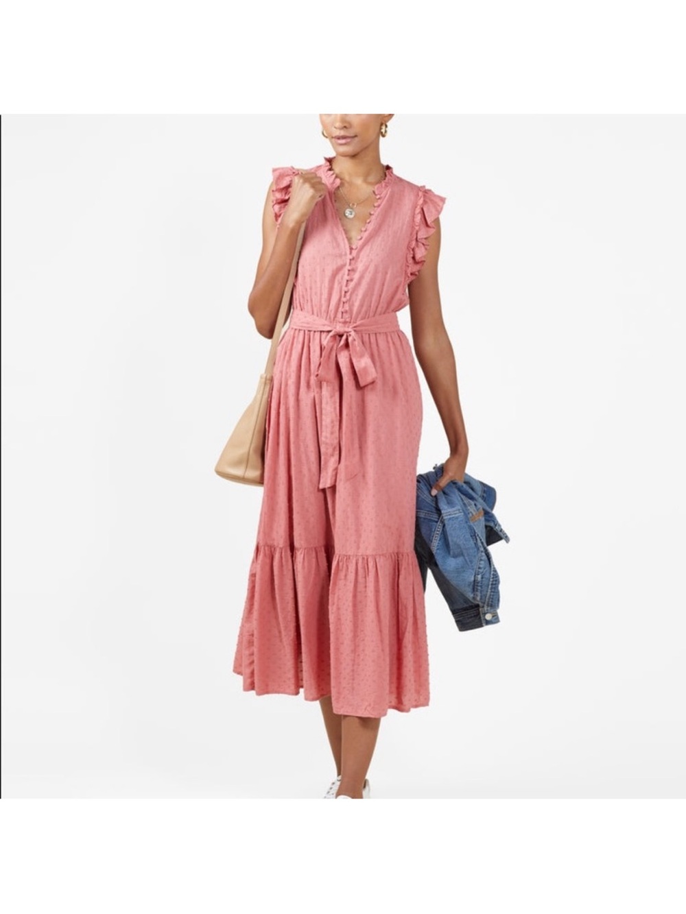 Outerknown Pink Ruffle Tie-Waist Midi Dress
